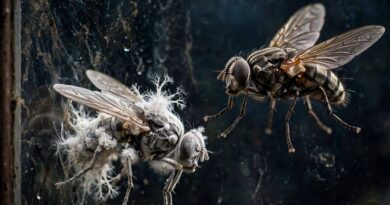 Zombie fungus uses dead female flies to infect healthy flies using spores